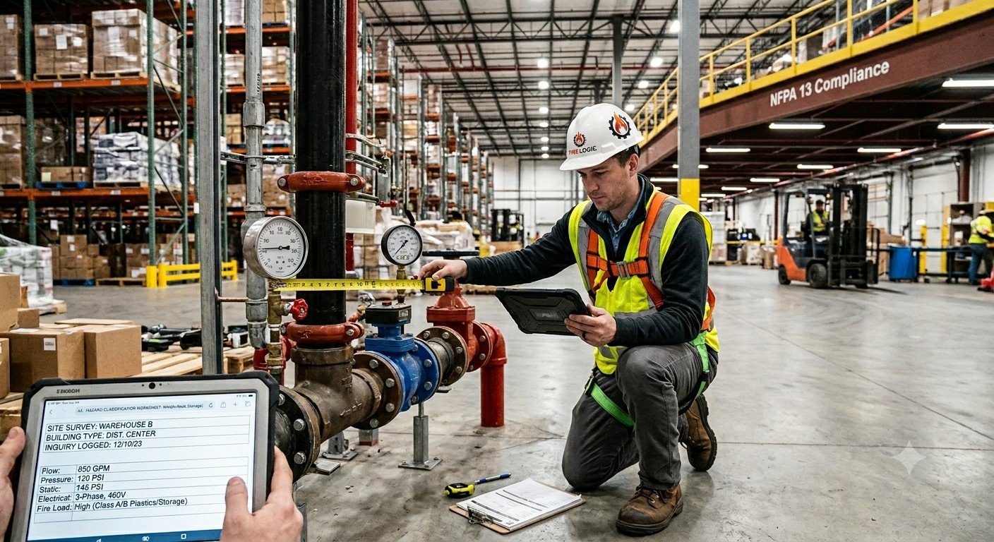 Field engineer conducting an on-site fire safety survey